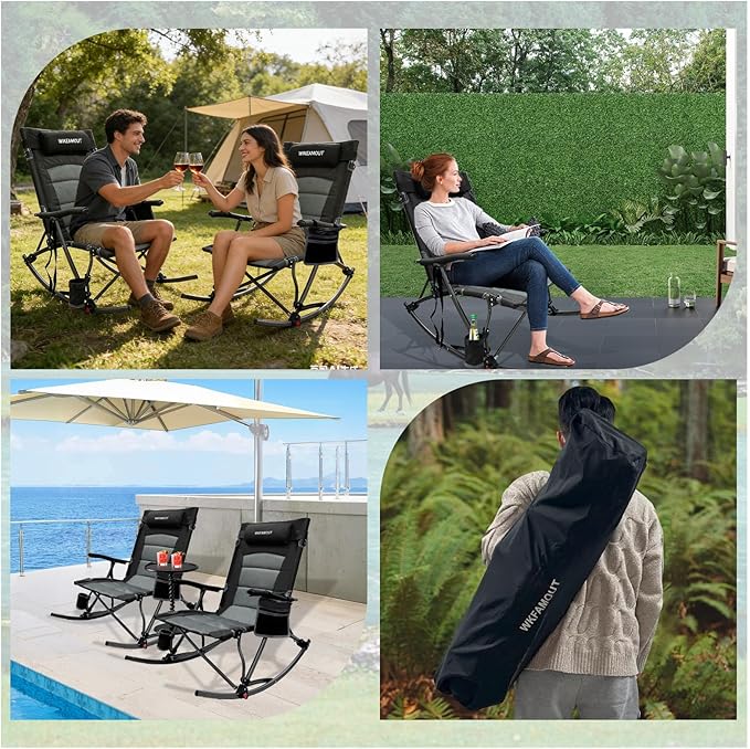 13.8" High Seat Rocking Camping Chair Outdoor with Foot Rest & Headrest, Oversized Folding Rocker Chair with Carry Bag for Lawn Patio Supports 300 lbs