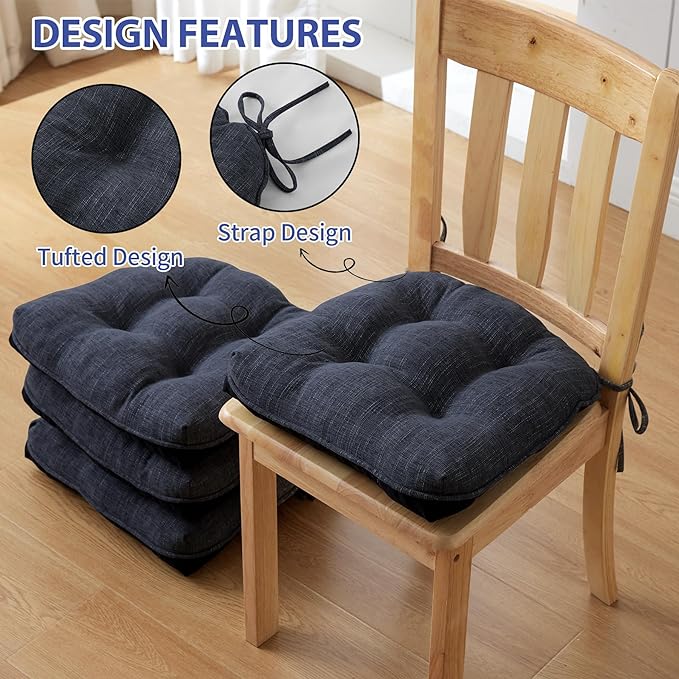 IPYNBAP Chair Cushions for Dining Chairs Set of 4, Kitchen Chair Cushions, Chair Pads with Ties and Non Slip Backing, Tufted Memory Foam Seat Cushion 4 Pack, 18" x 18" x 4", Navy Blue