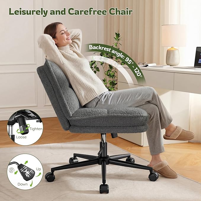 DurayLoly Criss Cross Chair with Wheels, Thick & Wide Cross Legged Office Chair with 95-120°Reclining Function, Armless Adjustable Swivel Task Chair for Bedroom, Home Office,Grey