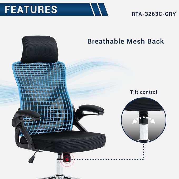 Ergonomic Office Chair with Adjustable Lumbar Support & Headrest, Height Adjustable High Back Mesh Desk Chair with Wheels and Flip Up Arms, Black