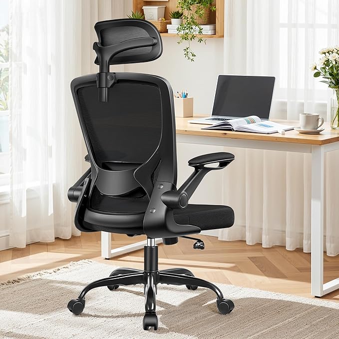 BESTFAIR Office Chair Ergonomic Desk Chair, Breathable Mesh Office Chairs with Adjustable Lumbar Support, Flip-Up Arms, Computer Desk Chair Comfy for Home Office, Black