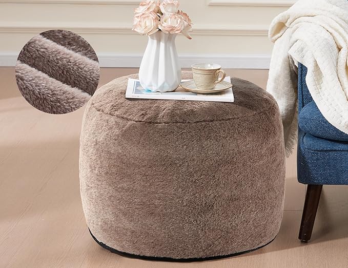 Round Pouf Ottoman for Living Room 20"x15" Bean Bag Ottoman Soft Top Comfortable Small Foot Stool Foot Rest Pouf Brown Tall Footstool Ottomans Round Hassock Boho Furniture Floor Poufs for Sitting