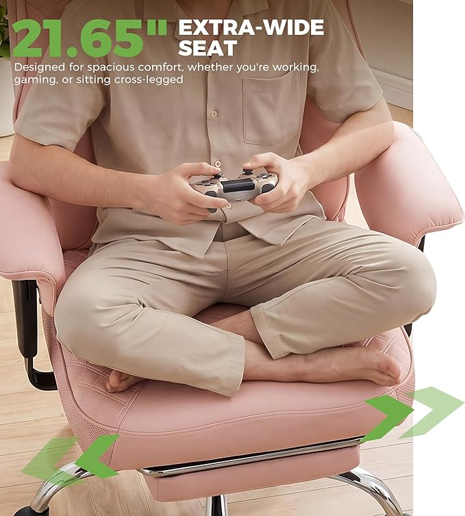 GTPLAYER Big and Tall Office Chair, High Back Computer Gaming Chair with Ergonomic Lumbar Support &Pocket Spring Cushion for Lower Back Pain Relief, Leather Executive Chair with Foot Rest, Pink