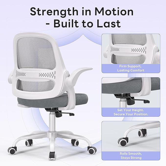 amseatec Office Chair，Ergonomic Mesh Desk Chair,Flip-Up Arms,Adjustable Height,Breathable Mesh Back & Thick Cushion Seat,360°Swivel Rolling Computer Chair,BIFMA Certified,Supports 300 lbs(Gray)
