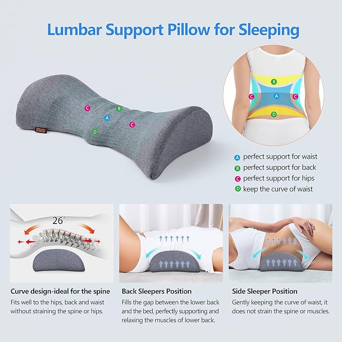 Cozyhealth Lumbar Support Pillow for Sleeping, Heated Lower Back Pillow with Graphene Heating for Lower Back Pain Relief, Memory Foam Mild Support Back Waist Cushion for Bed and Chair (Dark Grey)