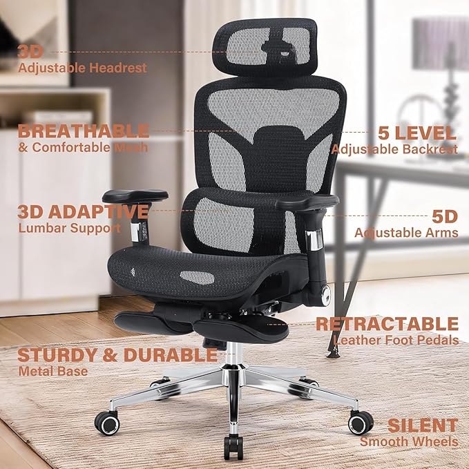 Ergonomic Office Chair with Footrest - 400lbs Heavy Duty Mesh Desk Chair, 5D Armrests, 3D Lumbar, 5 Level Backrest, Adjustable Headrest, Reclining High Back Swivel Chairs for Home Office