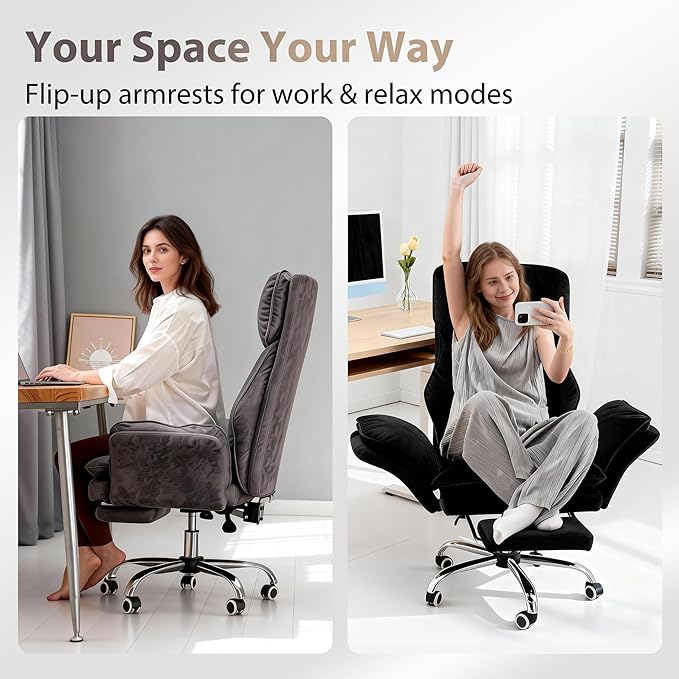 Big and Tall Office Chair, Executive Ergonomic Computer Gaming Chair with Foot Rest, Flip Armrests for Cross Legged Sitting & Pets, Teddy Fleece Wide Seat Reclining Desk Chair, White Criss Cross Chair