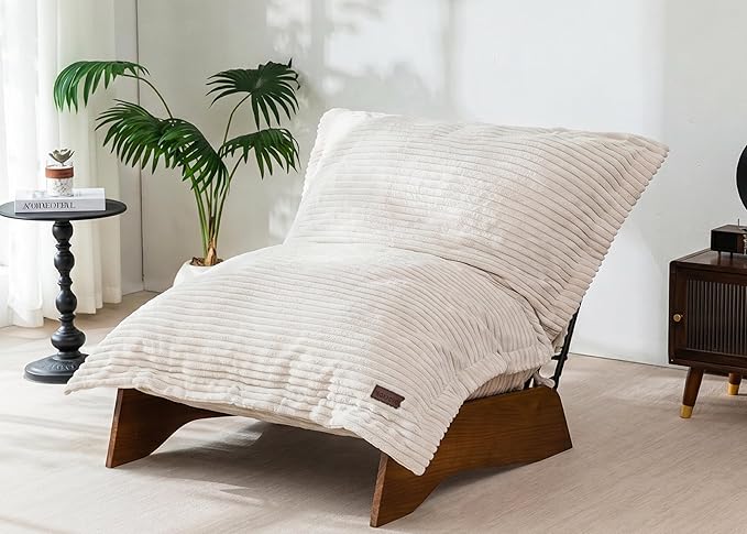 MAXYOYO Adjustable Living Room Chair, Convertible Bean Bag Chair & Recliner with Frame, Removable Cushion Floor Sofa Corded Fabric, Soft Upholstered Lounge for Bedroom, Dorm, Beige