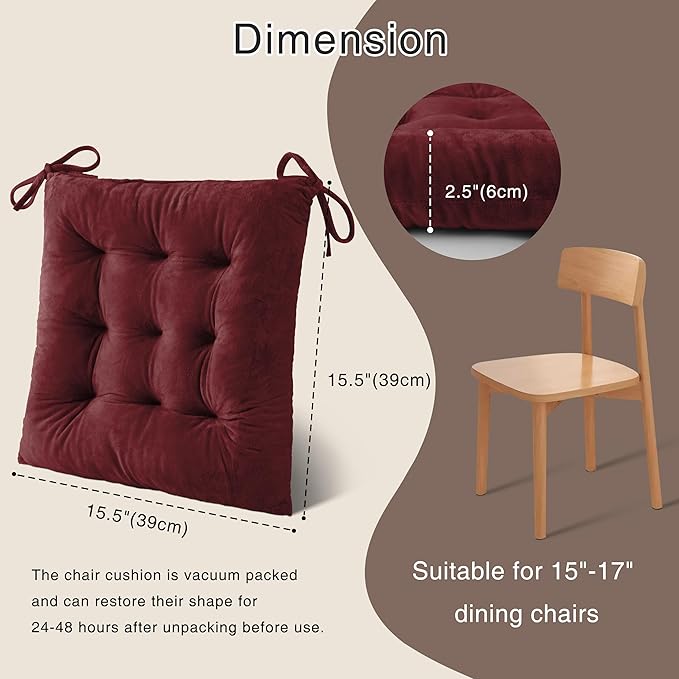 OVOV 6 Pack Chair Cushions for Dining Chairs Soft Seat Cushions for Kitchen Desk Chairs Square Chair Pads with Ties (15.5"x15.5" Burgundy)
