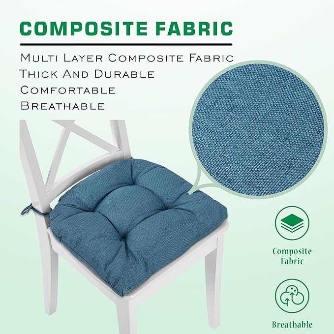 SQUARE MOON Chair Cushions for Dining Chairs, 3 Inch Thick Comfortable Kitchen Chair Pads, Dining Room Seat Cushions with Ties, Machine Washable, 17" x 16" x 3", 4/Pack, Blue