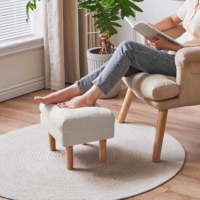 YMYNY 15.75" Small Foot Stool Ottoman, Footrest with Sponge Soft Padded Seat, Cotton-Linen Blend Fabric Footstool for Sofa, Bedroom, Living Room, Entryway, Solid Wood Legs, Beige, UHBD023M