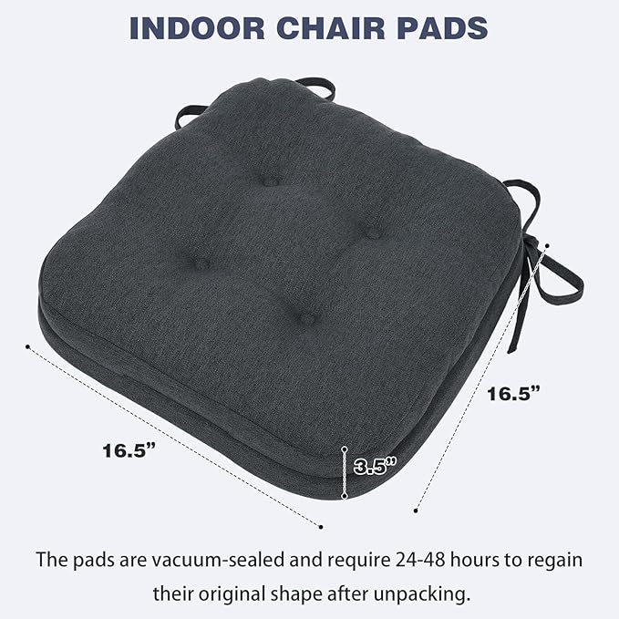baibu Set of 2 Dining Chair Cushions, Dual-Layer Patent Design Memory Foam Kitchen Chair Cushions, Non-Slip Seat Pads with Ties, 16.5 x 16.5 x 3.5in, 2 Pack, Charcoal Grey