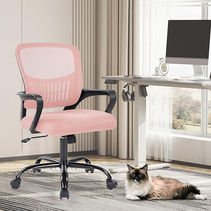 Sweetcrispy Home Office Managerial Executive Chair, Ergonomic Mesh Adjustable Swivel Mid-Back Computer Desk Chair with Comfortable Lumbar Support, Comfy Arms for Bedroom,Study, Blak&Pink