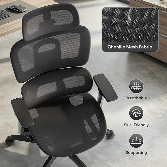 Ergonomic Office Chair, Adjustable High Back Home Desk Chair & Adjustable Seat, 3D Armrest, 145° Reclining Tilt Lock, Chenille Mesh Office Chairs for Man Woman 2Pack