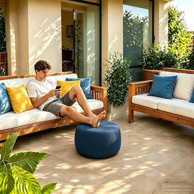 QILLOWAY Inflatable Outdoor Ottoman for Patio, Waterproof Round Pouf, Inflatable Foot Rest, Outdoor Footstool for Poolside, Garden，Camping,All Navy
