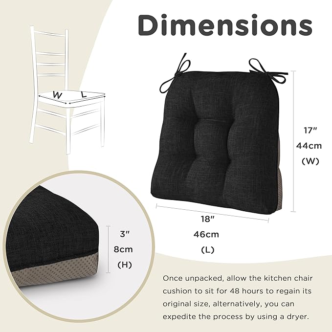 AddGrace Chair Cushions for Dining Chairs Set of 1 Kitchen Seat Cushions with Ties and Non Slip Backing Tufted Indoor Seat Pad for Kitchen Dining Room 18" x 17" x 3" Black