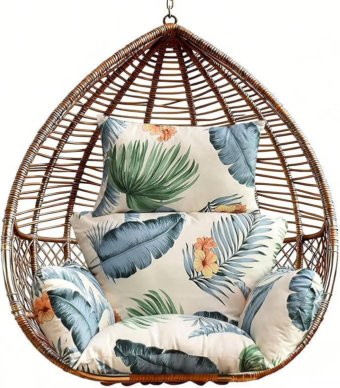 Floral Egg Chair Cushion Hanging Basket Hammock Seat Cushion Thick Soft Egg Swing Chair Pad with Headrest for Indoor Outdoor White Green