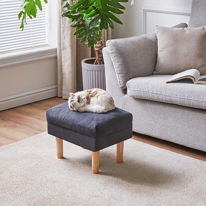 YMYNY 15.75" Small Foot Stool Ottoman, Footrest with Sponge Soft Padded Seat, Cotton-Linen Blend Fabric Footstool for Sofa, Bedroom, Living Room, Entryway, Solid Wood Legs, Dark Grey UHBD023BG