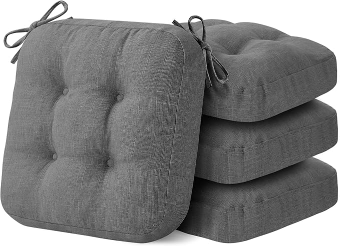 IASEAHK Chair Cushions for Dining Chairs, Dining Chair Cushions, Tufted Indoor Chair Pads with Ties & Non Slip Backing, Seat Cushions for Kitchen Chairs 16.5” x 16.5” x 3.5”, Set of 4, Grey