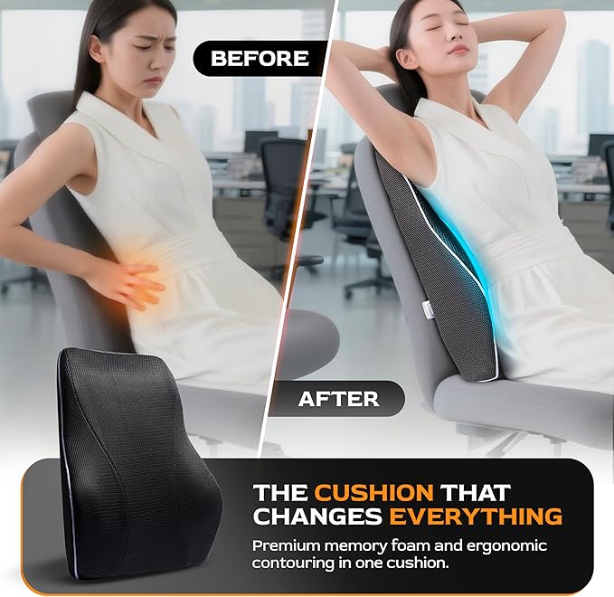 TULARIS Extra Dense Lumbar Support Pillow with Double Adjustable Straps - Ergonomic Memory Foam Cushion for Office Chair, Car, Couch - Firm Back Support for Lower Back & Spine Pain Relief