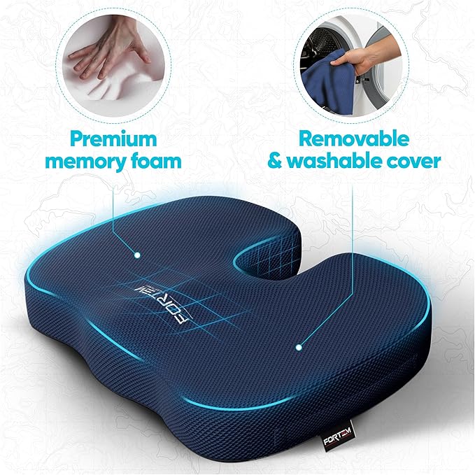 FORTEM Seat Cushion, Office Chair Cushion, Memory Foam Car Seat Cushions, Sciatica Coccyx Tailbone Pain Relief, Chair Cushions for Back Support, Sitting Pad for Gaming, Washable Cover, Non Slip, XL