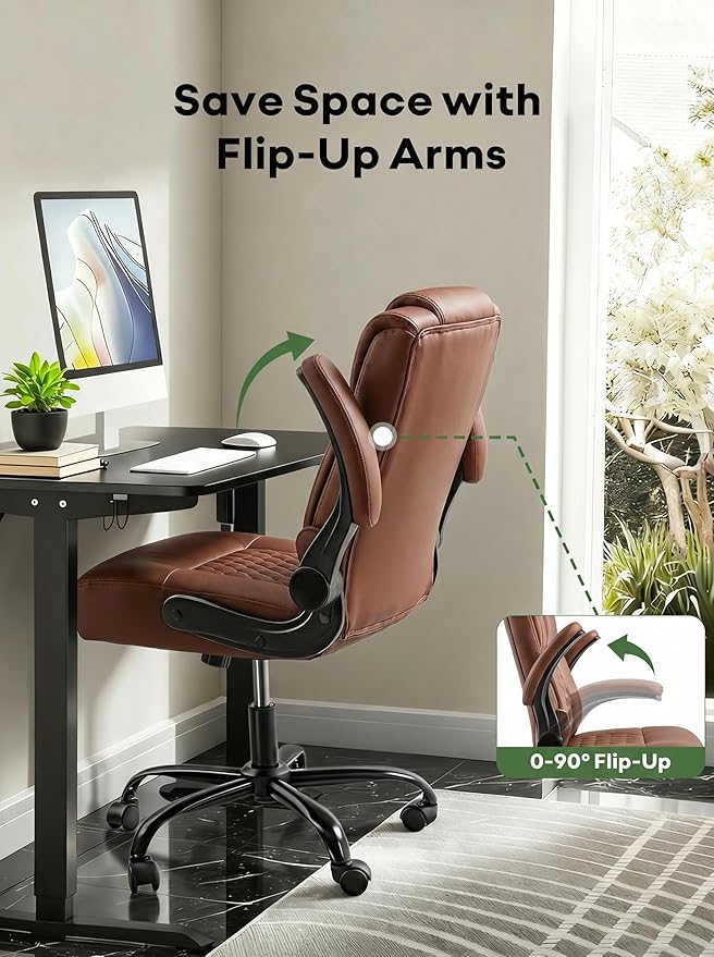 Office Chair PU Leather, Ergonomic Computer Desk Chair with Lumbar Support, Executive Leather Chair with Wheels & Flip-up Armrest, Small Home Office Desk Chair for Short People Use, Brown