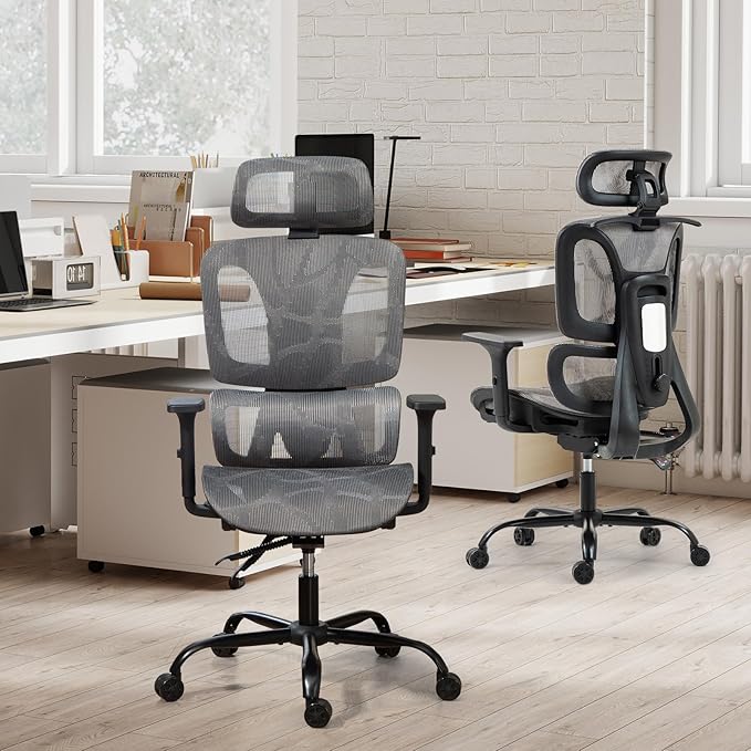 ECOTOUGE Ergonomic Office Chair, High Back Mesh Computer Chair with Lumbar Support, Adjustable Headrest & 3D Armrests, Reclining Desk Chair for Home, Gaming Chair for Adults, 330LBS Capacity, Grey