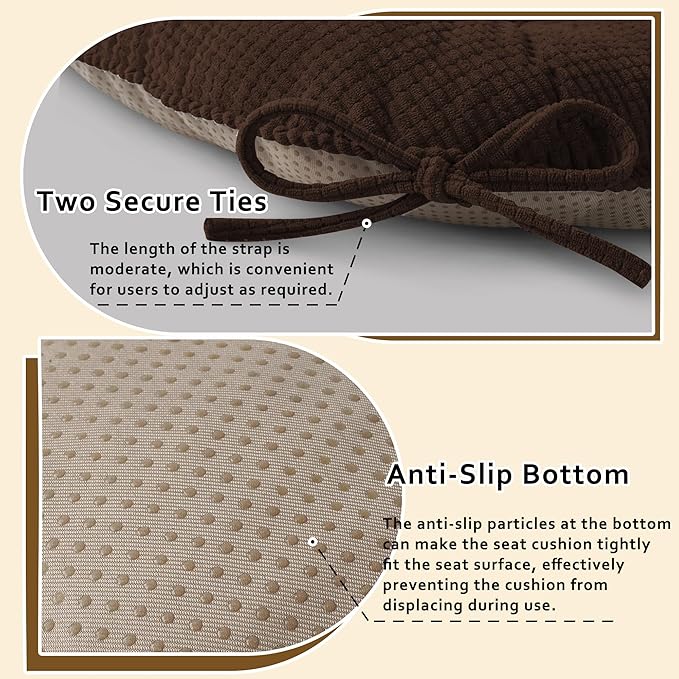 ELFJOY Dining Chair Cushions Set of 2 Thick Non Slip Kitchen Chair Pads with Ties Comfortable Indoor Kitchen Seat Cushions 18" x 18" x 3" Brown