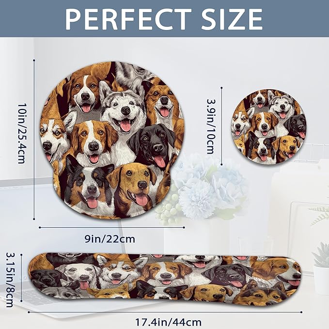 Wrist Rest Mouse Pad and Keyboard Support Set,Cute Dog 3 in 1 Ergonomic Memory Foam Mousepad with Non Slip Base, Gaming Mouse Pad for Office and Home