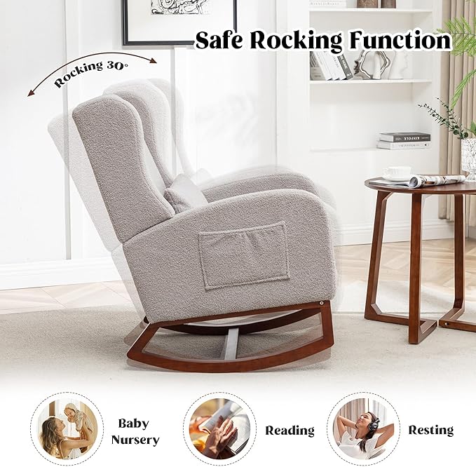 HCHAIRH Rocking Chair Nursery with Foot Rest, Wingback Nursery Rocking Chairs, Grey Teddy Nursing Glider Rocker Chair with Pillow and High Back for Nursery, Living Room, Bedroom