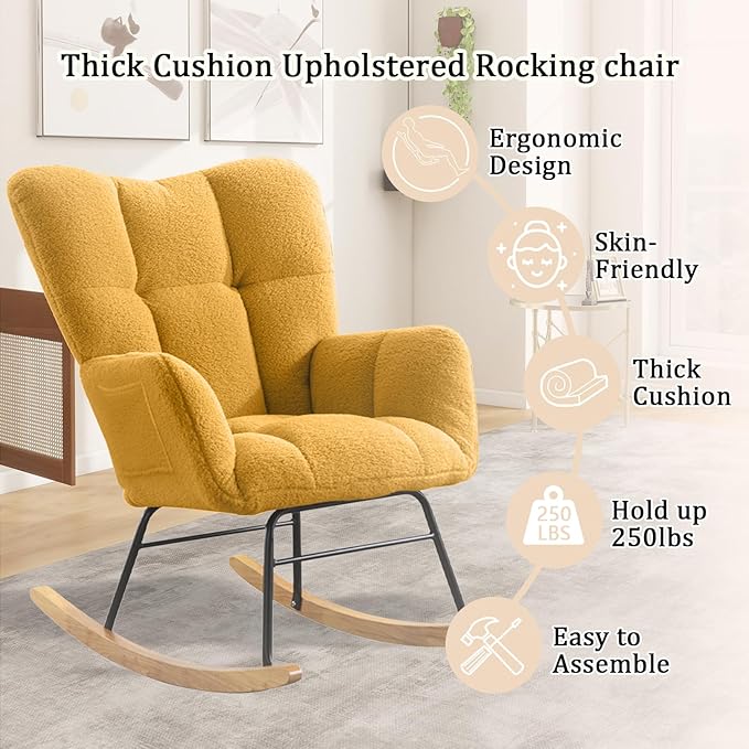 Nursery Rocking Chair Teddy Upholstered Glider Rocker,Rocking Accent Chair Padded Seat with High Backrest,Solid Wood Legs for Nursery Bedroom Living Room(Yellow