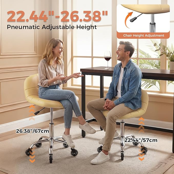 Rolling Stool Chair with Wheels, Height Adjustable Stool with Back Support, Office Drafting Chair with PU Leather Cushion for Home Office Kitchen Vanity Salon Garage Tattoo Dentist Esthetician(White)