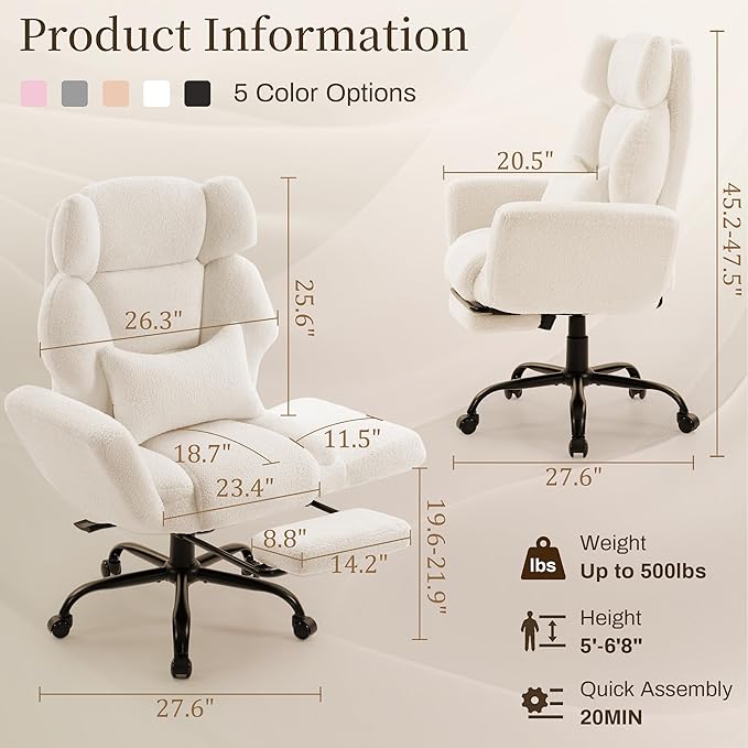 Office Chair with Flip Armrests,Big and Tall Office Chair with Foot Rest,Extra Wide Seat & Lumbar Pillow,Ergonomic Computer Gaming Chair,Comfy Criss Cross Chair for Pets Sitting,Teddy Fleece,White