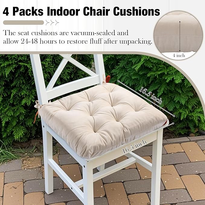 Nuanchu Memory Foam Chair Cushions Set of 4, Thick Indoor Seat Cushions for Dining Chairs Tufted Seat Pads for Kitchen, Dining Room, Office,(Ivory White,16.5"x16.5"x4")