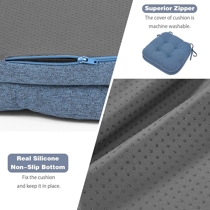 baibu Dining Chair Cushions, Dual-Layer Patent Design Memory Foam Kitchen Chair Cushions, Non-Slip Seat Pads with Ties, 16.5 x 16.5 x 3.5in, 1 Pack, Blue