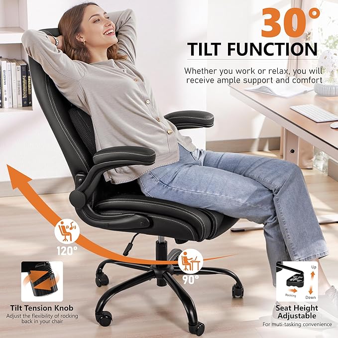 BESTFAIR Office Chair, Ergonomic Computer Desk Chairs with Lumbar Support for Lower Back Pain Relief, Executive Leather Home Chair Comfy with Padded Flip-up Armrests, Black, 6-Pack