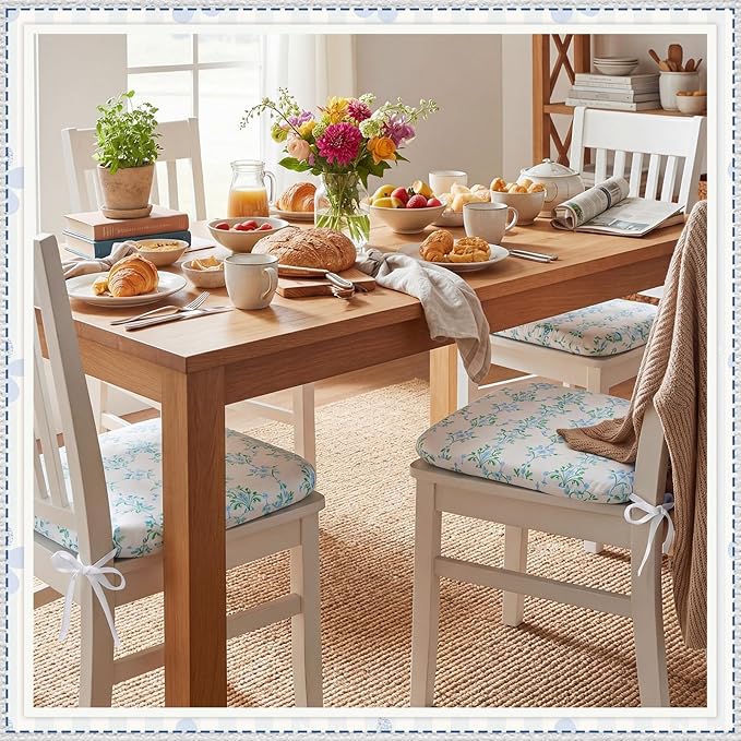 4 Pack Grandmillenial Chair Cushions for Dining Chairs 17" x 16" x 2" D-Shaped Breathable Blue and White Floral Linen Kitchen Chair Pads with Ties Washable Non Slip Seat Cushion