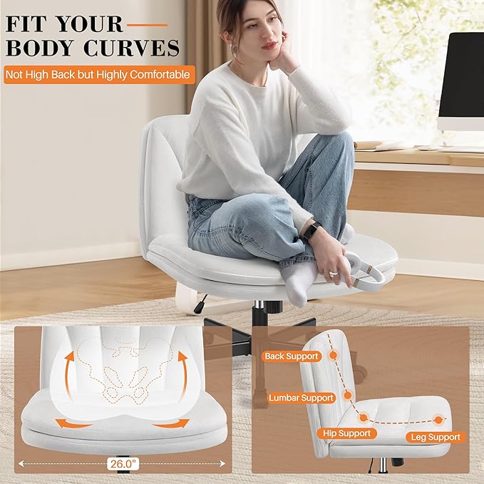 FelixKing Criss Cross Chair with Wheels, Cross Legged Office Chair, Armless Wide Vanity Desk Chair with Comfty Velvet & Back - Swivel Height Ajustable for Home Office Bedroom, Pearl White Velvet
