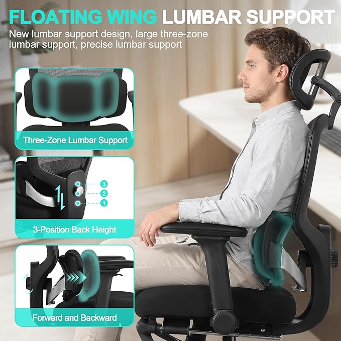 Ergonomic Office Chair with 4D Flip-Up Arms & Footrest, Mesh Desk Gaming Chair with 3D Headrest & 2D Floating Wing Lumbar Support, High Back Computer Chair for Home Office Vanity, Black