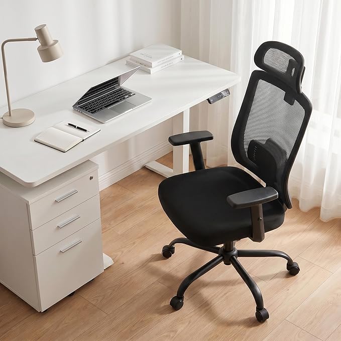 Ergonomic Mesh Office Chair with Headrest, Comfortable Desk Chair for Long Sitting, Breathable Computer Chair with Flip-Up Arms, Adjustable Swivel Chair for Home Office Work Study, Black