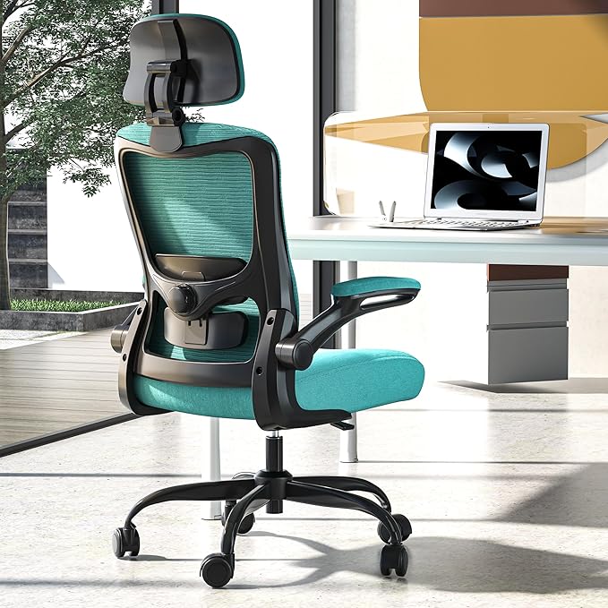 Office Chair, Ergonomic Mesh Desk Chair with Adjustable Lumbar Support and Headrest, Flip-up Armrests, High Back Computer Task Chair for Home and Executive Office (B-All Green)