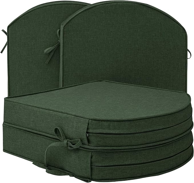 Outdoor Chair Cushions, Fade-Resistant & Water-Resistant, D Shaped Patio Furniture Seat Chair Pads Replacement with Ties, Non-Slip Bottom, Removable Cover, Set of 4, 19 x 19 Inch, Olive Green