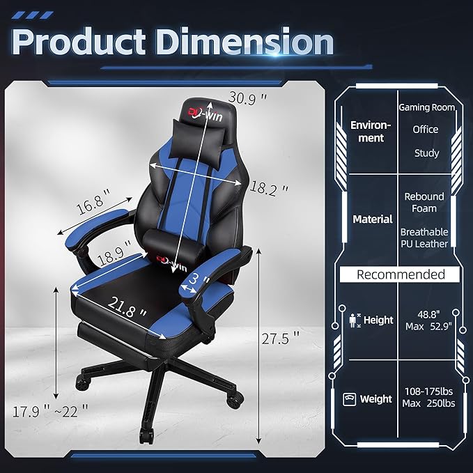 DL-win Gaming Chairs for Adults, Computer Chair with Footrest and Ergonomic High Back, Big and Tall Gamer Chairs with Massage Lumbar Support, 360° Swivel Height Adjustable Gaming Chair, Blue