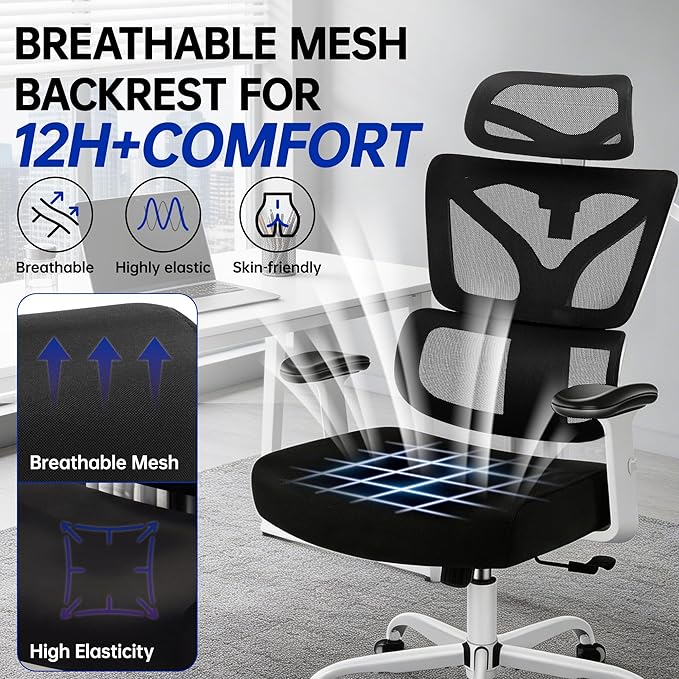 Ergonomic Office Chair, High Back Mesh Computer Chair with Comfortable Adaptive Lumbar Support, Built-in Coat Hanger, SGS Class 4 Gas Lift, Heavy Duty 300lbs for Long Hours Home Office