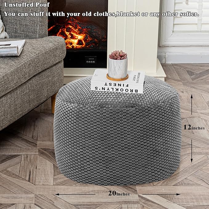 Poofieotto Unstuffed Pouf Ottoman Cover Handmade Footstool Ottoman Storage Solution Floor Pouf Footrest Cushion 20Diameterx12Height Inches for Living Room Wedding Dark Gray