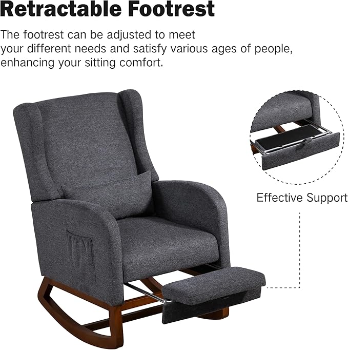 Chifee & Vingol Rocking Chair Nursery with Foot Rest & Pillow,Polyester,Dack Grey