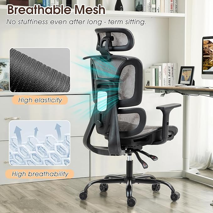 ECOTOUGE Ergonomic Office Chair, High Back Mesh Computer Chair with Lumbar Support, Adjustable Headrest & 3D Armrests, Reclining Desk Chair for Home, Gaming Chair for Adults, 330LBS Capacity, Grey