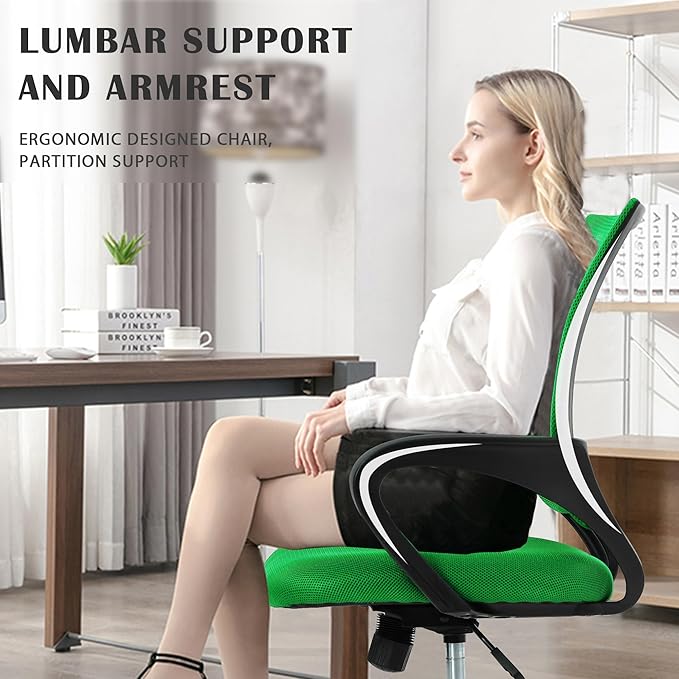 MKDLUFEI Office Chair, Ergonomic Cheap Desk Chair with Lumbar Support, Adjustable Mid Back Task Rolling Swivel for Home Office Student, Adults,Study, Green