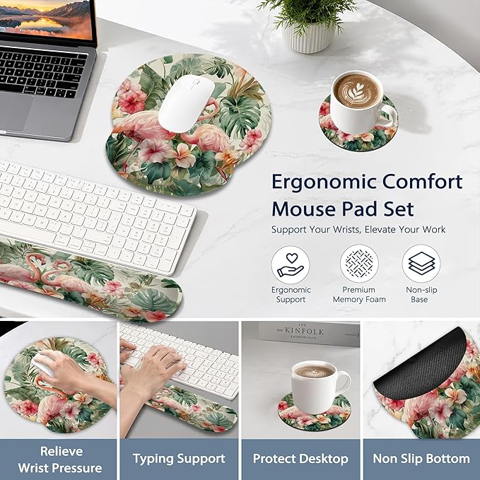 Flamingos Ergonomic Memory Foam Wrist Rest Set for Keyboard and Mouse,Palm Leaves Hibiscus Flowers Supportive Mouse Pad with Non Slip Base for Office Work and Gaming