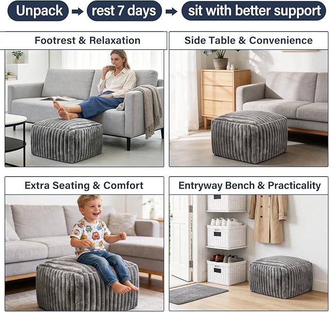 Tiita Square Ottoman Foot Rest, Corduroy Pouf Ottoman with Foam Filling, 21x21x13.8 Inch Poofy Ottomans with Removable Cover, Fluffy Foot Rest Stool with Non-Slip Bottom for Living Room Bedroom